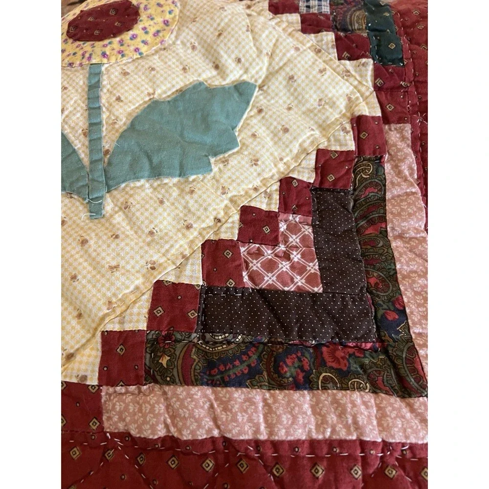 Pristine Vtg 1970s Handmade Tulip Log Cabin Quilt Hand Tied Full/Queen 80x80
